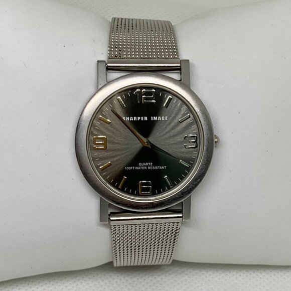 Sharper image silver tone watch 34mm quartz analog stainless mesh band running - Picture 1 of 6
